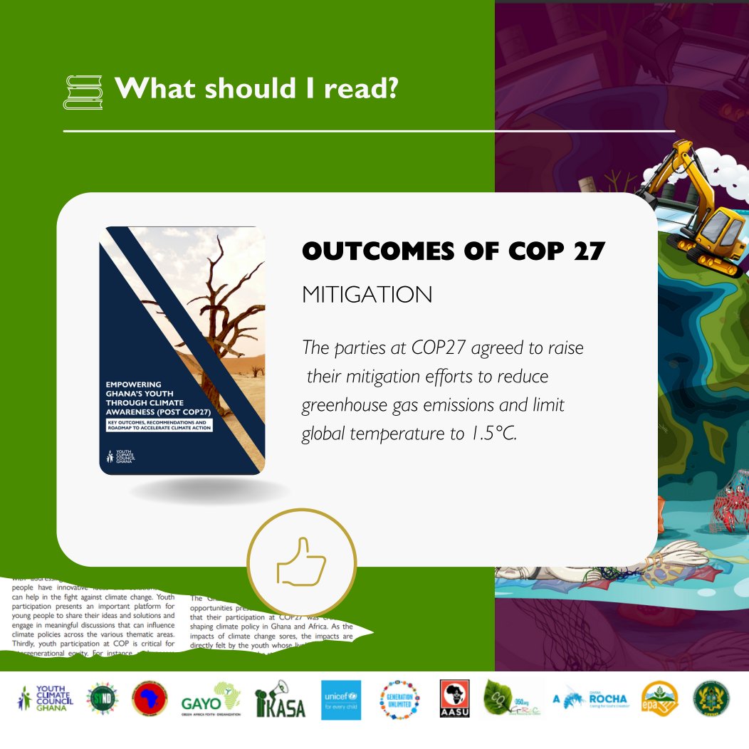 YouthClimateGH's tweet photo. Parties at #COP27 agreed to raise the level of ambition in reducing GHG emissions &amp; transition to low-carbon, resilient, and sustainable economies. How will countries deliver on their enhanced NDCs? Read more on the outcomes of COP27 https://t.co/u3htLNT8Mp #mitigation https://t.co/RXKyVm9ctZ
