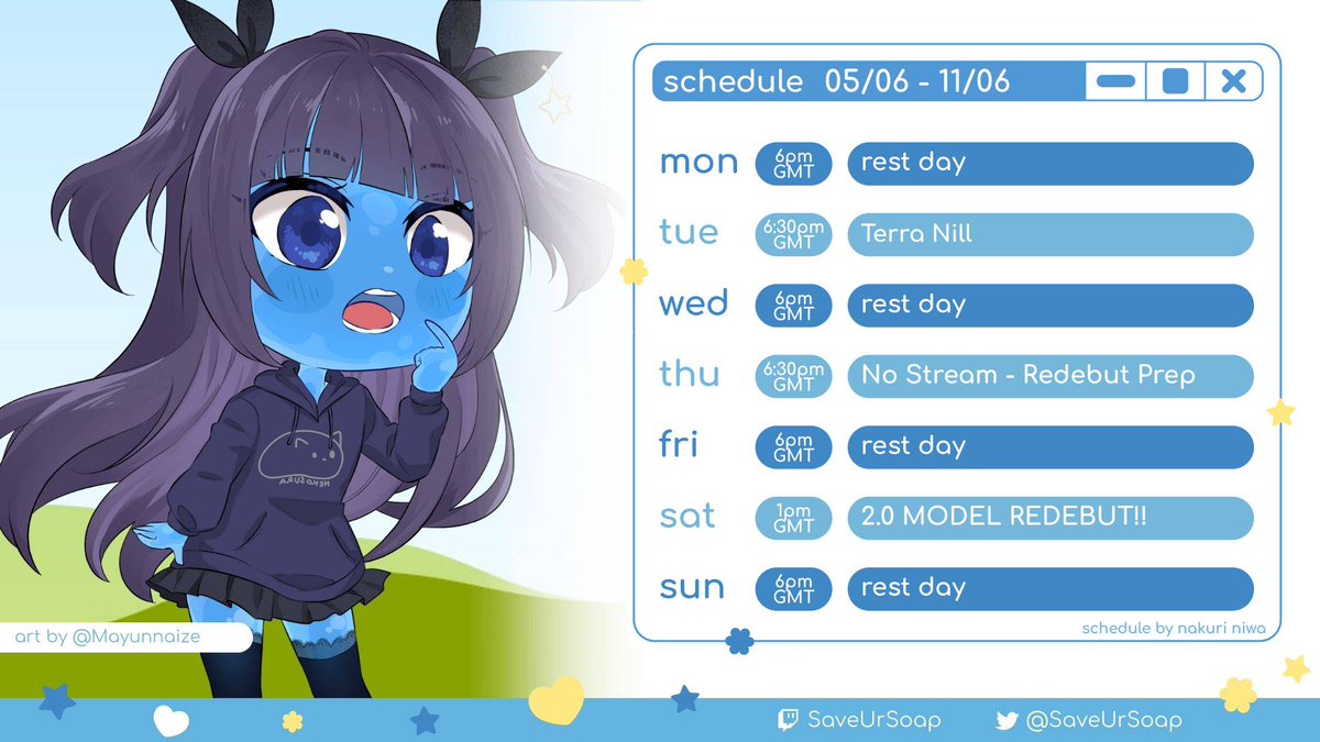Stream schedule for this week :D Excited to show you guys the new model  #VTuberUprising #ENVtubers #VTuberEN #Vtubers #Vtuber #VtubersUprising #twitchgirls #cozyvibes #VTubersAreStillWatching #streamschedule