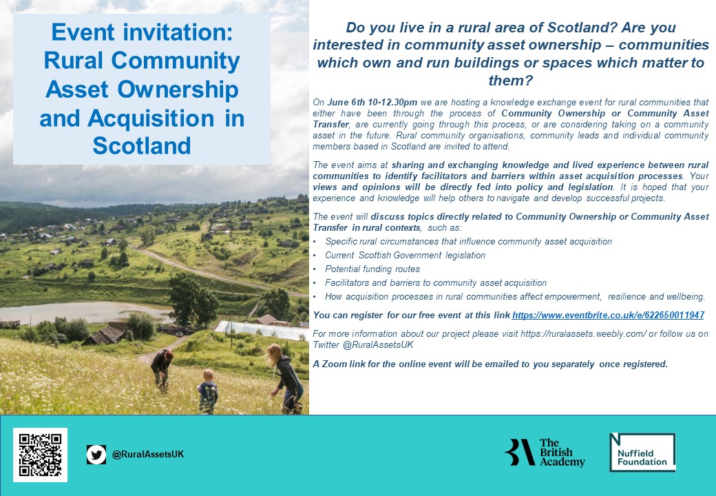 Event reminder: #CommunityOwnership and #AssetAcquisition for #rural #communities in #Scotland. Join to share your experience of the transfer process, discuss #barriers #facilitators & feed the results into #policy.  Book here tinyurl.com/y5jw2a2y