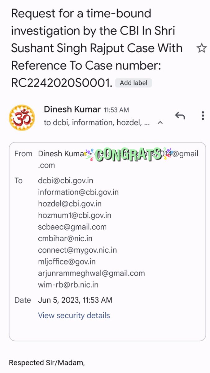 Today's Digital Activity-Sent Email To CBI,PMO,Law Minister and Govt Agencies. SSR Justice Is Our Justice. IPC 302 In SSR Case Is Global Demand @Copsview @CBIHeadquarters @HMOIndia @PMOIndia @arjunrammeghwal Countdown Continues In SSRCase #JusticeForSushant️SinghRajput