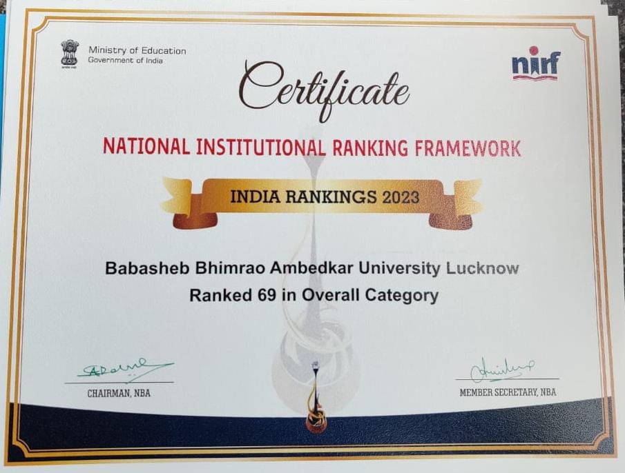 Very happy to share that #BBAU ranked 69 in overall category in #NIRF
<a href="/ProfSanjaySingh/">Prof. Sanjay Singh</a> <a href="/EduMinOfIndia/">Ministry of Education</a> <a href="/dpradhanbjp/">Dharmendra Pradhan</a> <a href="/SanjayDhotreMP/">Sanjay Dhotre</a> <a href="/OfficeOfSDhotre/">Office of Sanjay Dhotre</a> <a href="/ugc_india/">UGC INDIA</a>