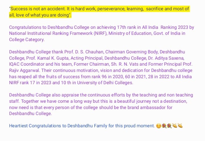 DeshbandhuColl1's tweet photo. Congratulations to Deshbandhu College on achieving 17th rank in All India  Ranking 2023 by National Institutional Ranking Framework (#NIRF), @EduMinOfIndia, Govt. of India in College Category.
Heartiest Congratulations to Deshbandhu Family for this proud moment. 😊💐💐👏👏 https://t.co/OGWsNDibjN