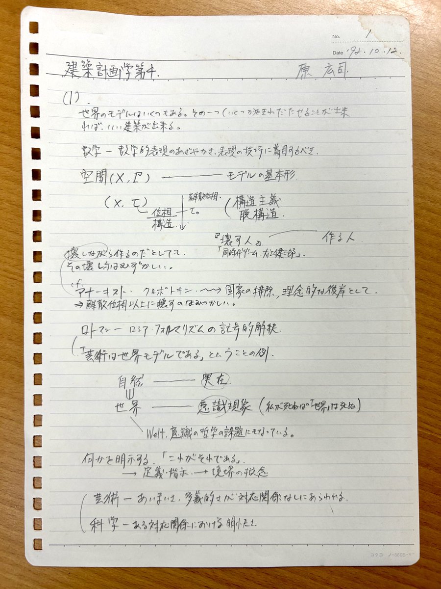 yas_minami's tweet photo. 僕げ大学院修士2年のときに受けた、東大大学院の、原広司さんの授業ノート。

「建築計画学4」の授業、今見返しても、森羅万象を深く広く覗き込み、心の底からゾクゾクするほど面白い。

数学、哲学、文学、音楽、物理学その他、様々な分野を軽々と横断し、建築の広がりに衝撃を受けた大学院時代。 https://t.co/ETWNeFVzIY