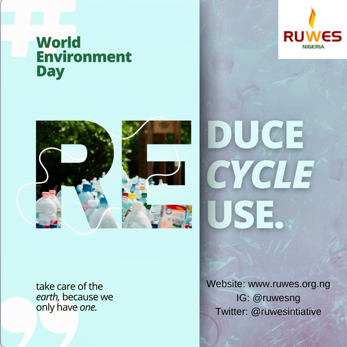 RuwesIntiative's tweet photo. Happy World Environment Day 2023! 🌍🌱 
Today, we join the global community in raising awareness and taking action against one of the biggest threats to our planet - plastic pollution. ♻️ https://t.co/LVTF6smMag