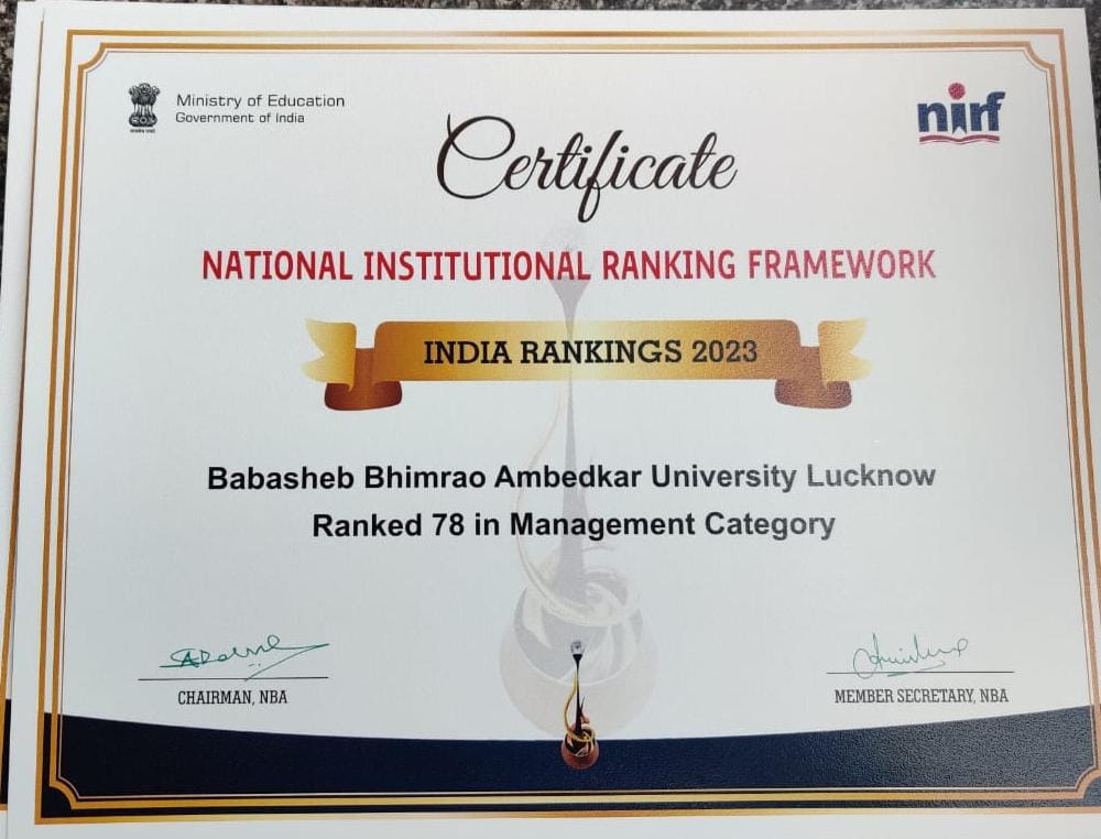 Very happy to share that #BBAU ranked 78 in management category in #NIRF
<a href="/ProfSanjaySingh/">Prof. Sanjay Singh</a> <a href="/EduMinOfIndia/">Ministry of Education</a> <a href="/dpradhanbjp/">Dharmendra Pradhan</a> <a href="/SanjayDhotreMP/">Sanjay Dhotre</a> <a href="/OfficeOfSDhotre/">Office of Sanjay Dhotre</a> <a href="/ugc_india/">UGC INDIA</a>