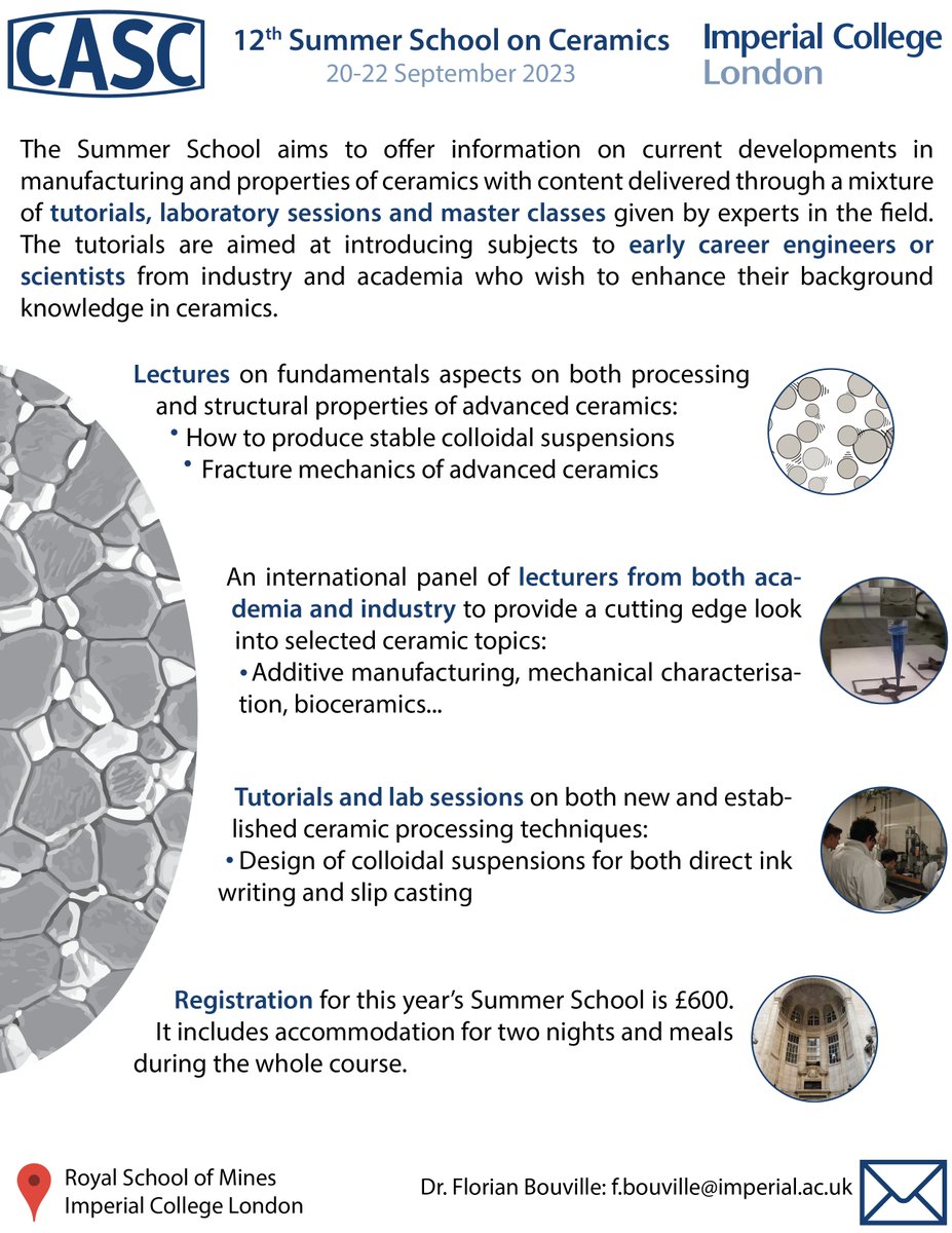The CASC summer school is back this September 20-22nd at the Imperial College London. We will have guest lectures from <a href="/DilettaGiuntini/">Diletta Giuntini</a>  on ceramics sintering modelling and <a href="/DrClaireDancer/">Claire Dancer</a> on ceramic metamaterials processing and more to come! More info: imperial.ac.uk/structural-cer…