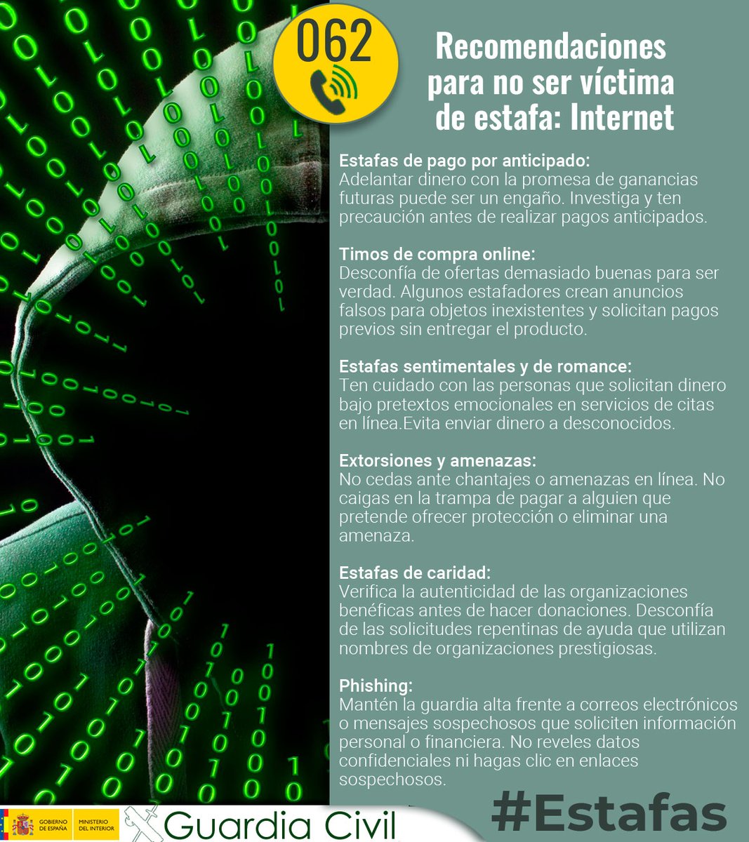 guardiacivil's tweet photo. ¡Protégete de las estafas por Internet! Conoce las tácticas más comunes y mantén tus datos seguros. #EstafasPorInternet #Estafas https://t.co/btIZfKKdPS