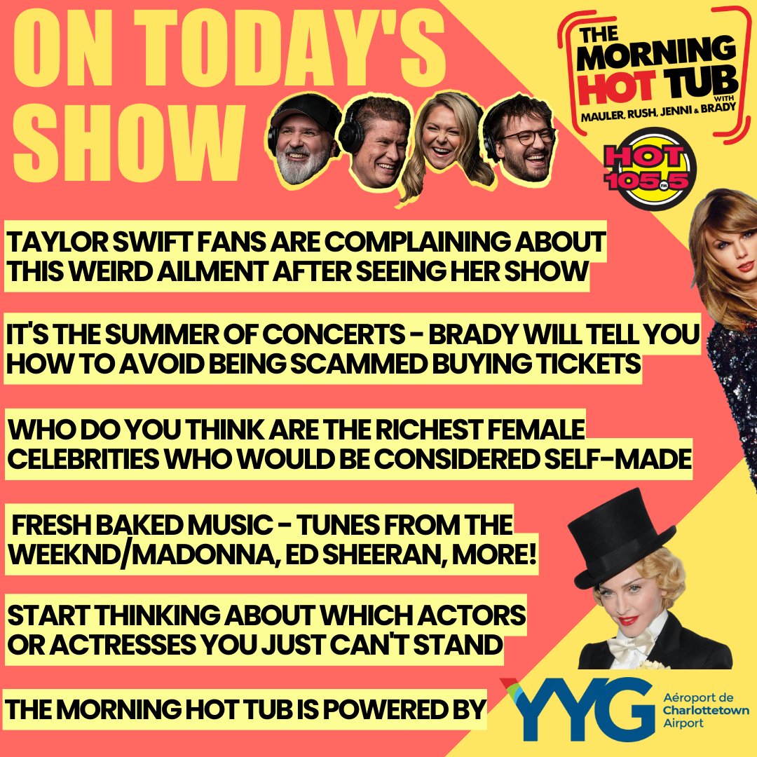 Ok.  Let’s just get Monday over with. Showers today. High 12.

It’s Mauler, Rush, Jenni and Brady in the Morning Hot Tub for YYG Charlottetown Airport with a bunch of things to catch you up on from the weekend. LET’S GO!

<a href="/flyYYG/">YYG Charlottetown Airport</a>