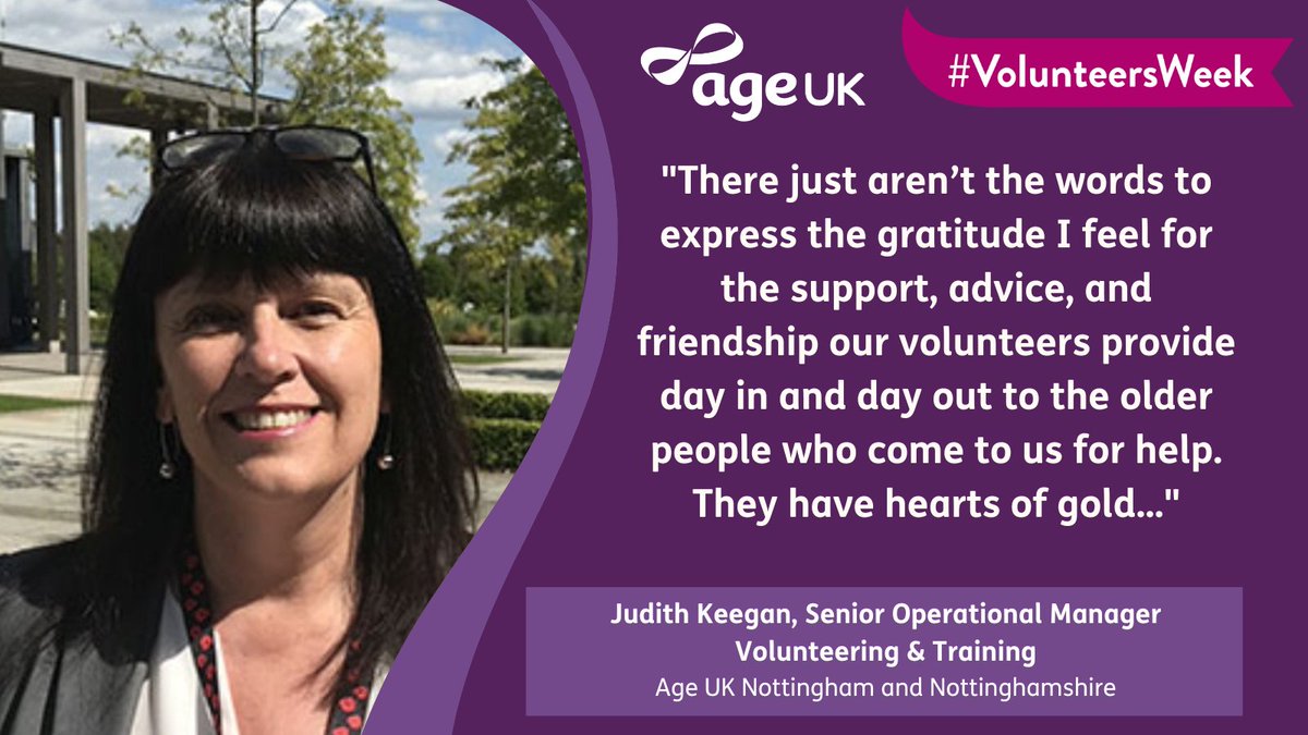 age_uk's tweet photo. As part of our #VolunteersWeek celebrations, we spoke to several Volunteering Leaders across the Age UK network of charities who each had a special message of thanks for Age UK volunteers. 💜

Find your nearest Age UK volunteering opportunity here 👉 https://t.co/1ErAPW3zRa https://t.co/CQUbbWfygB