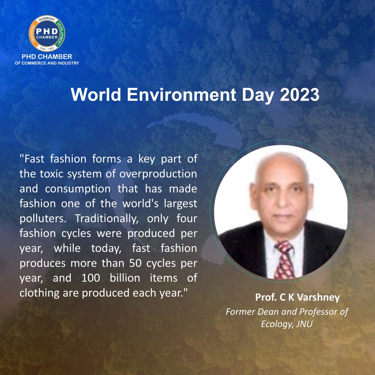 phdchamber's tweet photo. Prof. C K Varshney, Former Dean & Professor of Ecology, #JNU, voiced his stance at the "World Environment Day 2023 Mission LiFE – Lifestyle for Environment", held today at PHD House, New Delhi.
#PHDCCI #CKVarshney #WorldEnvironmentDay #fastfashion #polluters #formerdean #ecology https://t.co/FugH5A0Hmt