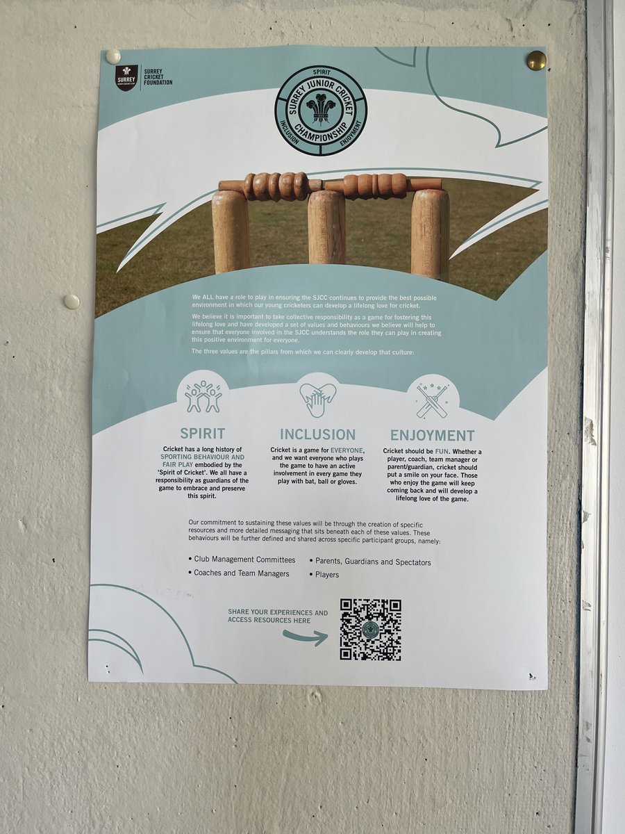 SJCC Values and Behaviours poster is up on the board at Old Ruts #spirit #inclusion #enjoyment #youthsport #fun #cricket <a href="/SurreyCricketFd/">Surrey Cricket Foundation</a>