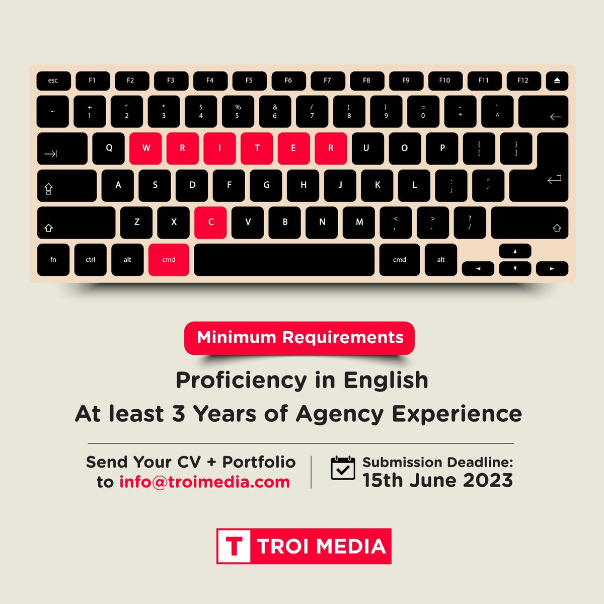 TROImedia's tweet photo. We seek a word-slinger with a sharp &amp; creative mind, collaborative skills and experience in selling air.

If this is your calling, send your CV to info@troimedia.com by 15th June 2023 https://t.co/L9Gn6iZKNt