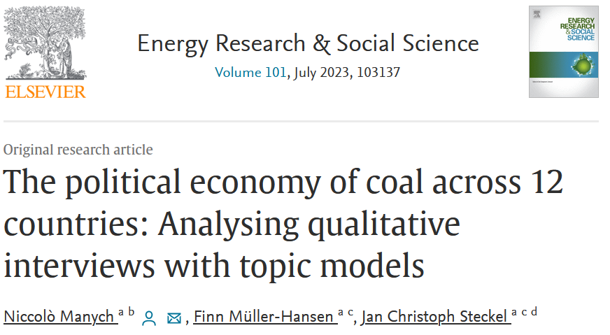 niccolo_manych's tweet photo. 🔔PAPER ALERT🔔
FIRST to analyse #ExpertInterviews with #TopicModelling
➡️Find similarities in #PoliticalEconomy of #Coal across countries
➡️Cross-country #PolicyLearning can support #CoalPhaseOuts
With @jan_c_steckel & Finn Müller-Hansen, @MCC_Berlin
https://t.co/sHCyMQMroK https://t.co/cXCWUrCCcS