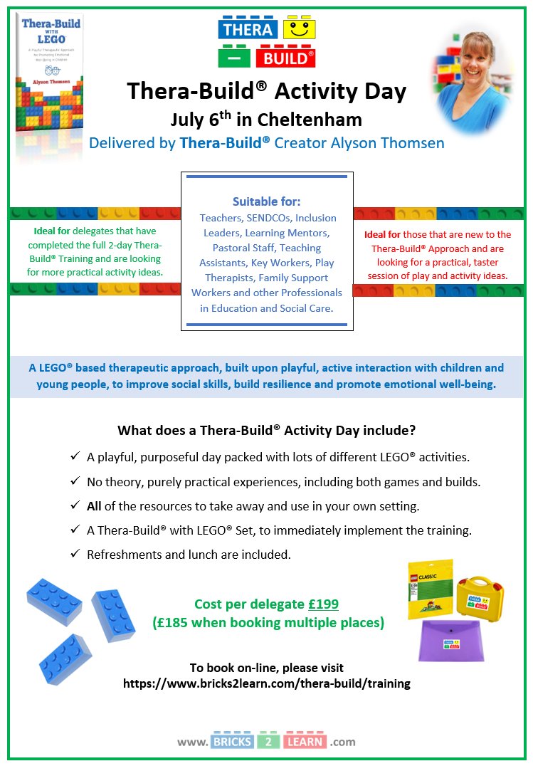 ***SINGLE DAY TRAINING 4 PLACES LEFT***
Click to book:
bricks2learn.com/thera-build/tr…
#teachertwitter #LEGOclub #SEND #Primaryed