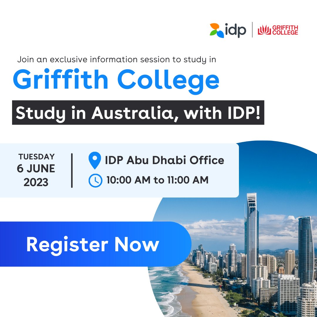 📢 Meet Griffith College  tomorrow at the IDP Abu Dhabi Office! 

📌 REGISTER NOW: bit.ly/3MTlZWX
--
#idpeduuae #idpstudyabroad #GoldCoast #Brisbane #griffithcollegeaus #griffithcollege #studyabroad