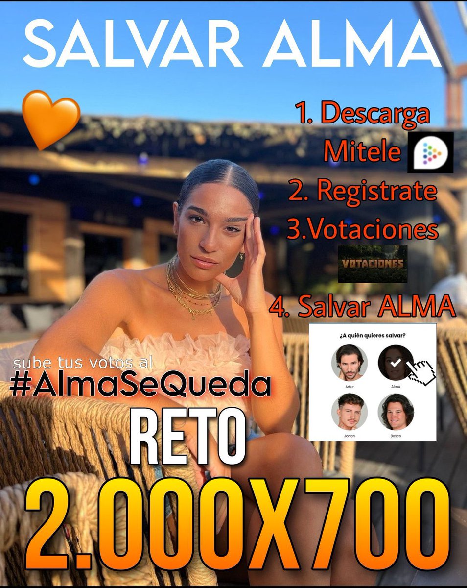Jessi_Euskadi's tweet photo. 🛑 RETO‼️

🧡 ALMA TIENE QUE SALVARSE ESTA SEMANA Y ESO SOLO SE CONSIGUE VOTANDO!🧡

💥 El reto actual activo es:                             👉🏻 #AlmaSeQueda 💥

2000X700

➡️ DEJA TUS VOTOS CON HORA ACTUALIZADA O ENVÍAMELOS POR MD 🧡

#TeamAlma 
#SalvarAlma 
#Supervivientes2023 https://t.co/FrhMwoWKh0