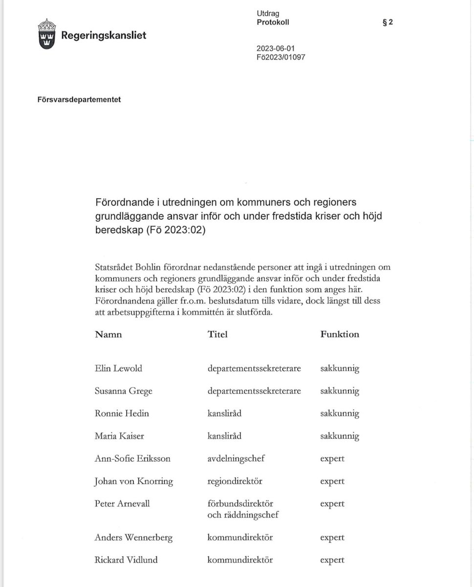 Hedrad att utses av civilförsvarsminister <a href="/CarlOskar/">Carl-Oskar Bohlin</a> att företräda Sveriges kommuner som expert i utredningen om ”Kommuners och regioners grundläggande ansvar inför och under fredstida kriser och höjd beredskap (Fö 2023:02)”. 
#Östersund #Civilförsvar