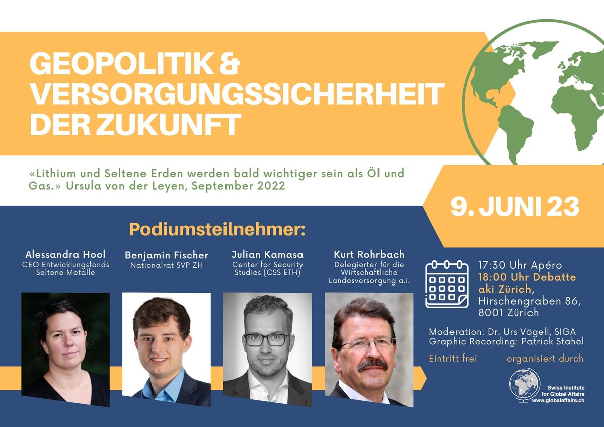 Diesen Freitag in Zürich: Eine spannende Open Debate mit prominenten Podiumsteilnehmenden zum Thema "Geopolitik &amp; Versorgungssicherheit der Zukunft". Eintritt frei, ohne Anmeldung, mit vorgängigem Apéro. Weitere Informationen: globalaffairs.ch/events/