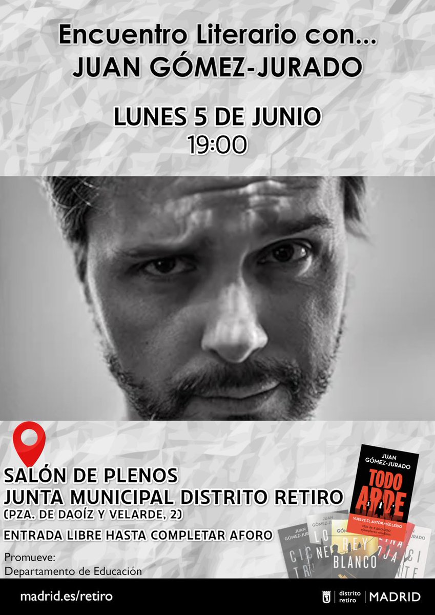 JMDretiro's tweet photo. 📚Os invitamos a los encuentros literarios con el periodista y novelista Juan Gómez-Jurado HOY lunes y con la escritora de novela negra Susana Martín Gijón próximo 15 de junio.

📍Salón de plenos de la Junta Municipal 19 horas https://t.co/U6AaQ7N6ek