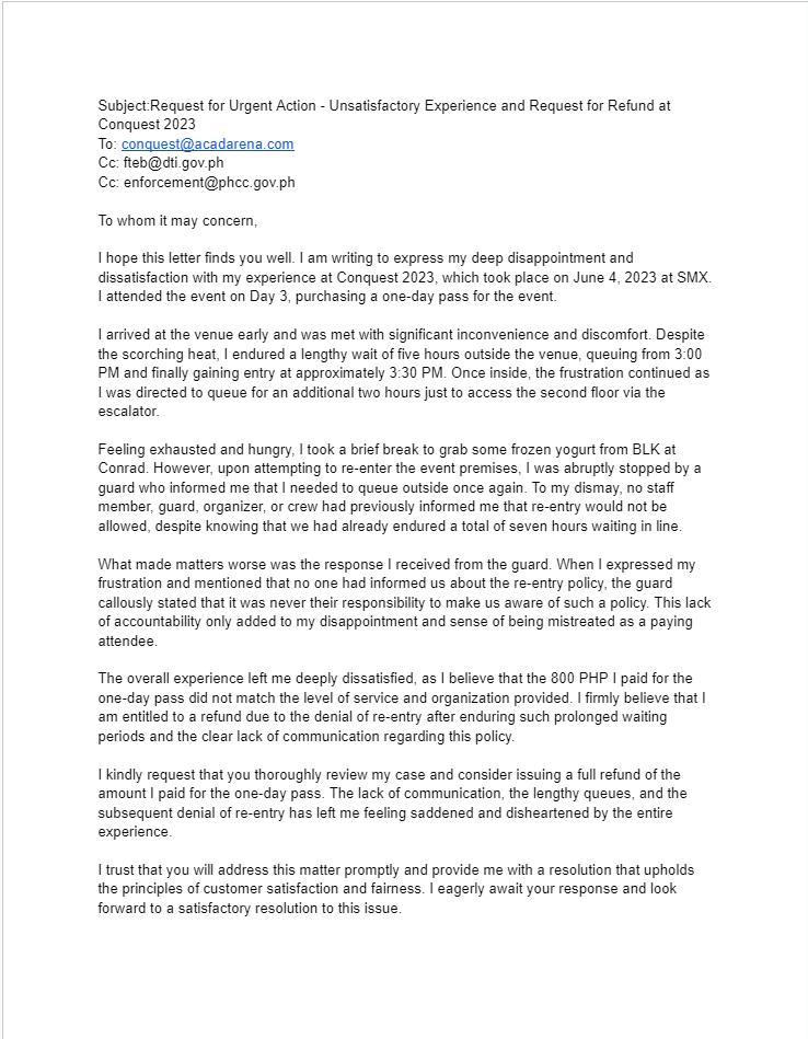 TongueYnah's tweet photo. Wrote a letter addressed to @CONQuestPHL and Cc'd @DtiPhilippines and @CompetitionPH! I suggest people to do the same to get our refund from them! We deserved better! #CONQuest2023 #conquestph @PopiSSB https://t.co/h3qefr469J