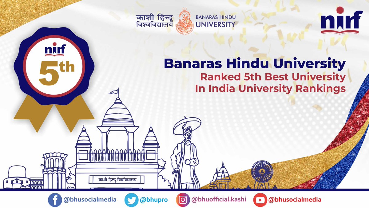 #NIRFRanking 

#IndiaRankings 2023 has ranked #BanarasHinduUniversity as the 5th best in the university category. The varsity has climbed one level up from 2022. 

Congratulations to the members of #BHU fraternity and Kudos to their hard work and commitment.  

<a href="/VCofficeBHU/">VC-BHU</a>