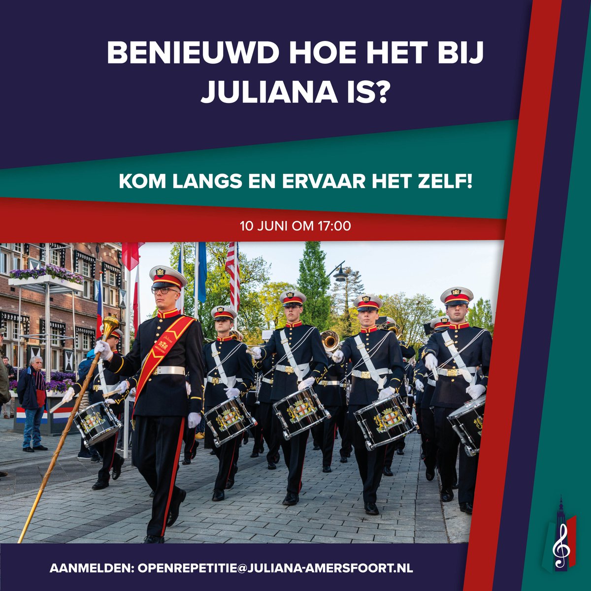Zaterdag 10 juni Open Repetitie bij Show &amp; Marchingband. Aanmelden via mail: openrepetitie@juliana-amersfoort.nl 
Meer info: juliana-amersfoort.nl/2023/05/open-r…