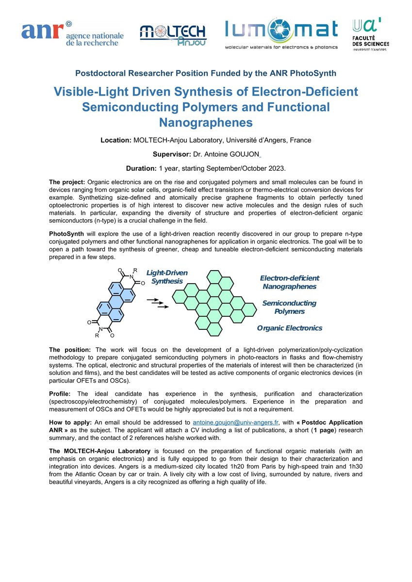 I am hiring a postdoctoral researcher to work on the synthesis of electron-deficient semiconducting nanographenes/polymers <a href="/MOLTECH_Anjou/">MOLTECH-Anjou</a> @UnivAngersfunded by <a href="/AgenceRecherche/">ANR - Agence nationale de la recherche</a> RT are highly appreciated, get in touch if you are interested! @EURLUMOMAT @reseauSCF