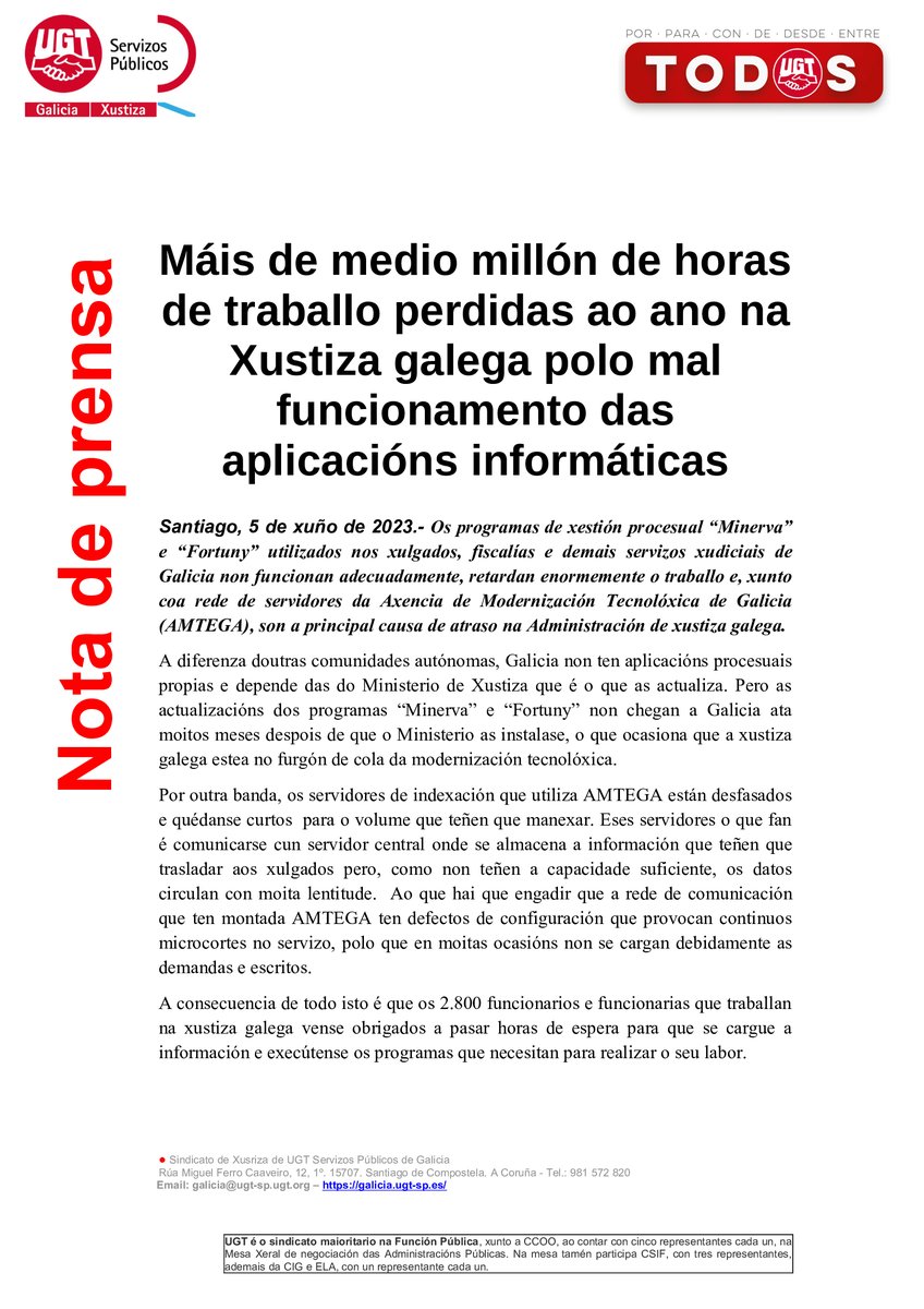 UGT_Galicia's tweet photo. Máis de medio millón de horas de traballo perdidas ao ano na Xustiza galega polo mal funcionamento das aplicacións informáticas https://t.co/KZaB7M4WzI