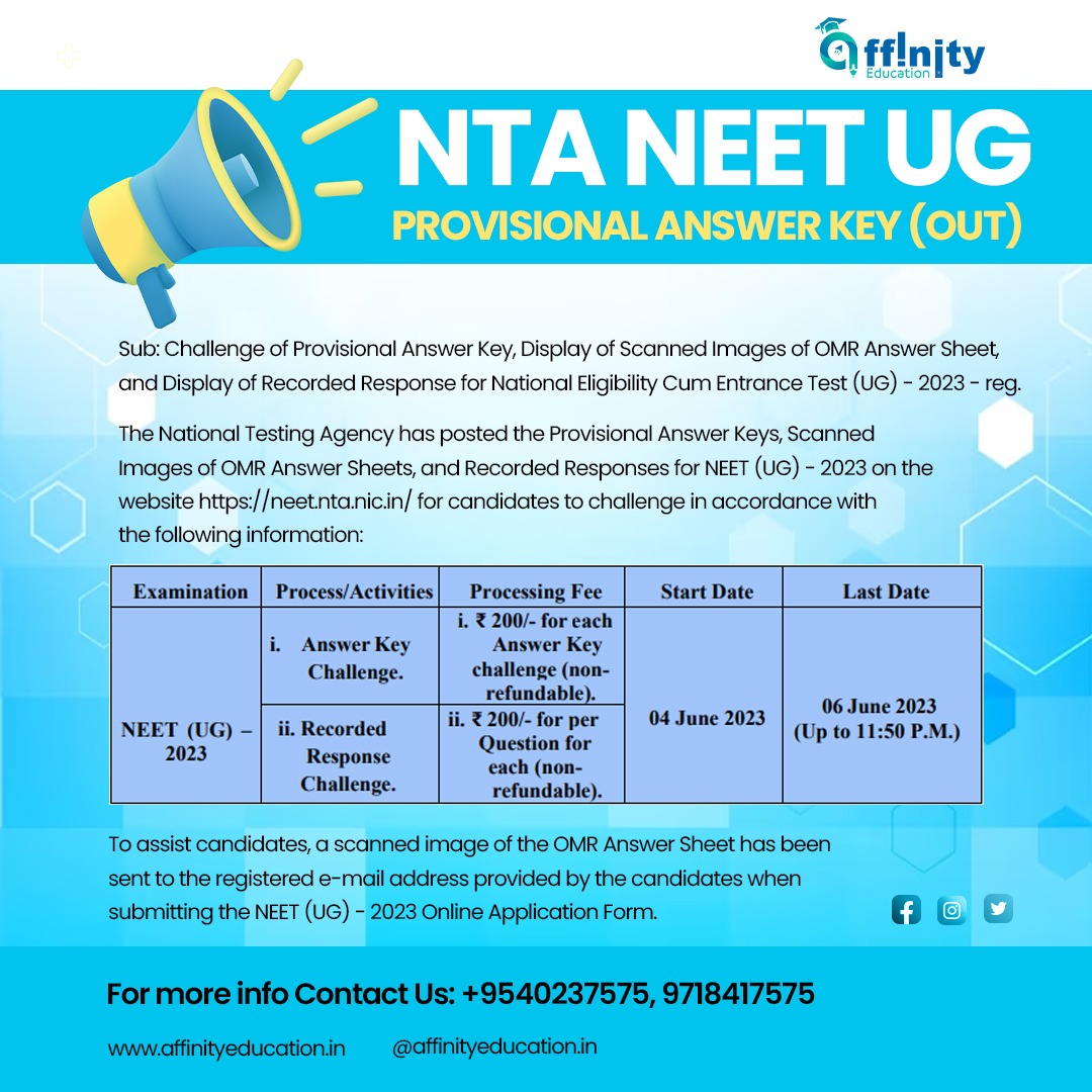 AffinityPvt's tweet image. NTA NEET UG Provisional Answer Key (OUT) on the official website neet.nta.nic.in.

#NEETUG2023 #ProvisionalAnswerKey #OMRAnswerSheet #RecordedResponses #ChallengeProcess #NTA #ExamPrep #MedicalAspirants #FutureDoctors #StudyHard