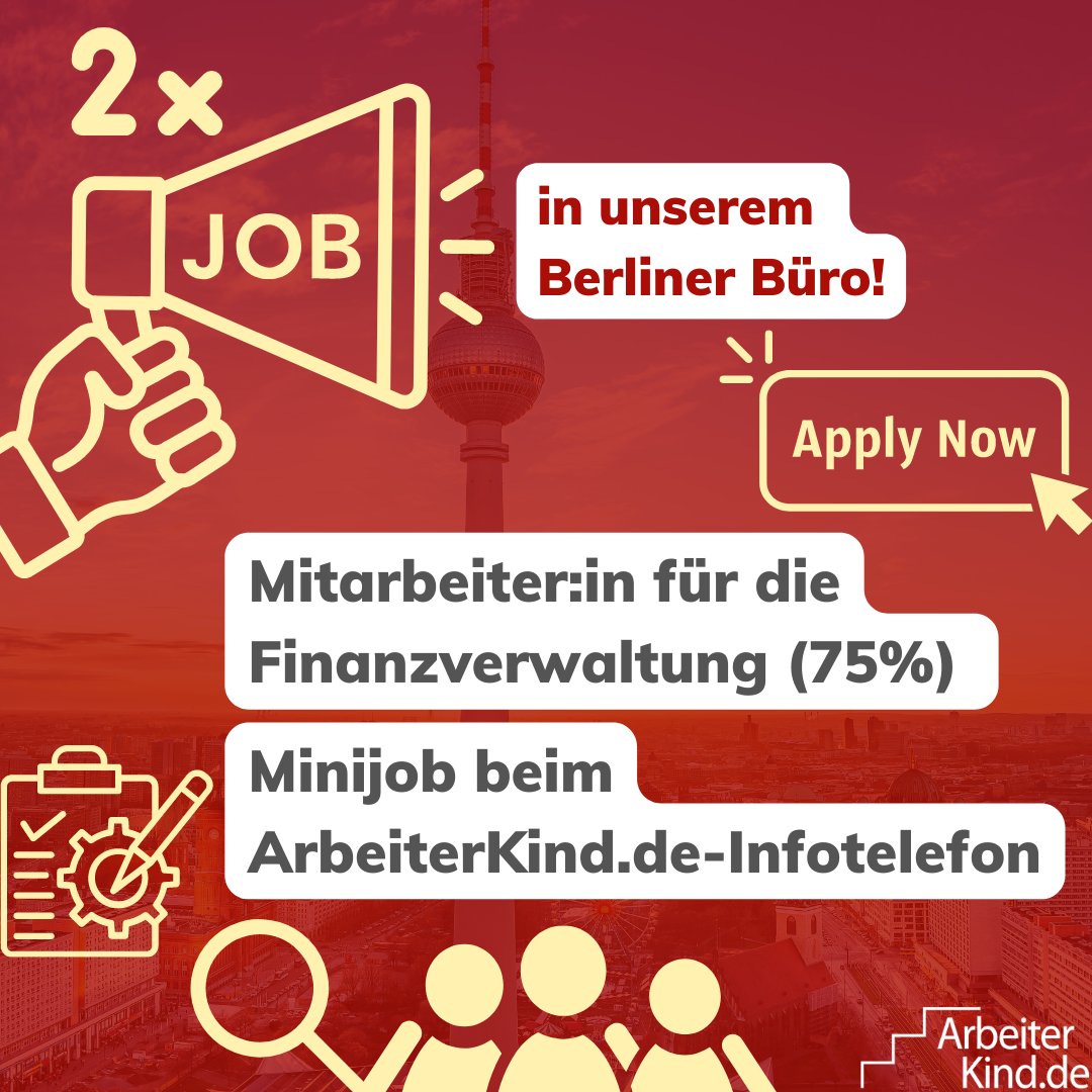 Wir suchen zwei neue Mitarbeiter:innen für unser Büro in #Berlin 😉! Eine Stelle (75%) haben wir für unsere Finanzverwaltung ausgeschrieben. Die andere Stelle ist ein Minjob für unser Infotelefon. Gerne weitersagen oder bewerben...☺️ Alle Infos auf: arbeiterkind.de