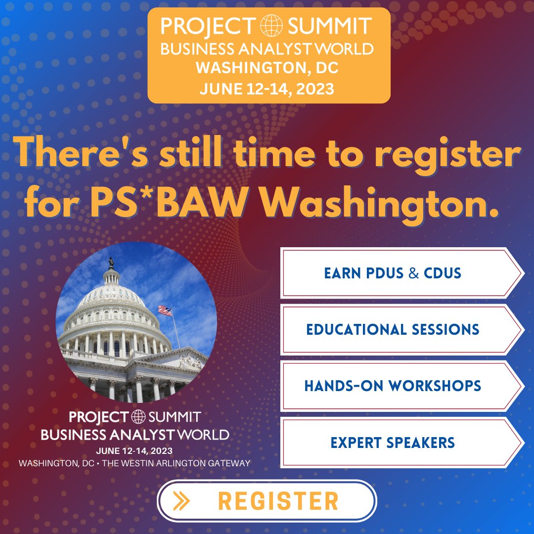 PMIWDC's tweet photo. Join us in Washington at The Westin Arlington gateway for ProjectSummit*BusinessAnalystWorld June 12-14, 2023!
• Earn PDUs and CDUs
• Acquire skills, strategies and best practices
• Connect and expand your professional network
#PSBAWWAS #PSBAWWASL23
https://t.co/86dA9JSQkt https://t.co/ej7r0rVDgv