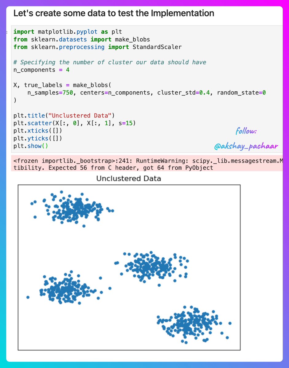 First of all, we create a sample data for clustering.

We'll use `make_blobs` from sklearn to do so.

Check this out 👇