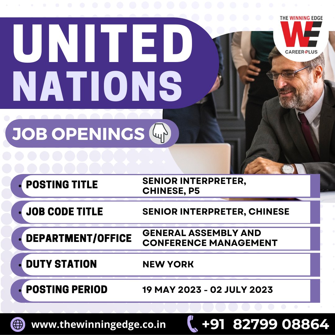 New Job Opening!
Share this with your friends as well.

For more details, contact us at-
+91 79993 56350
+91 82799 08864 
#JobOpening #CareerOpportunity #SeniorInterpreter #Chinese #UNJobs #BoostYourCareer #GeneralAssembly #ConferenceManagement #NewYorkJobs #ApplyNow