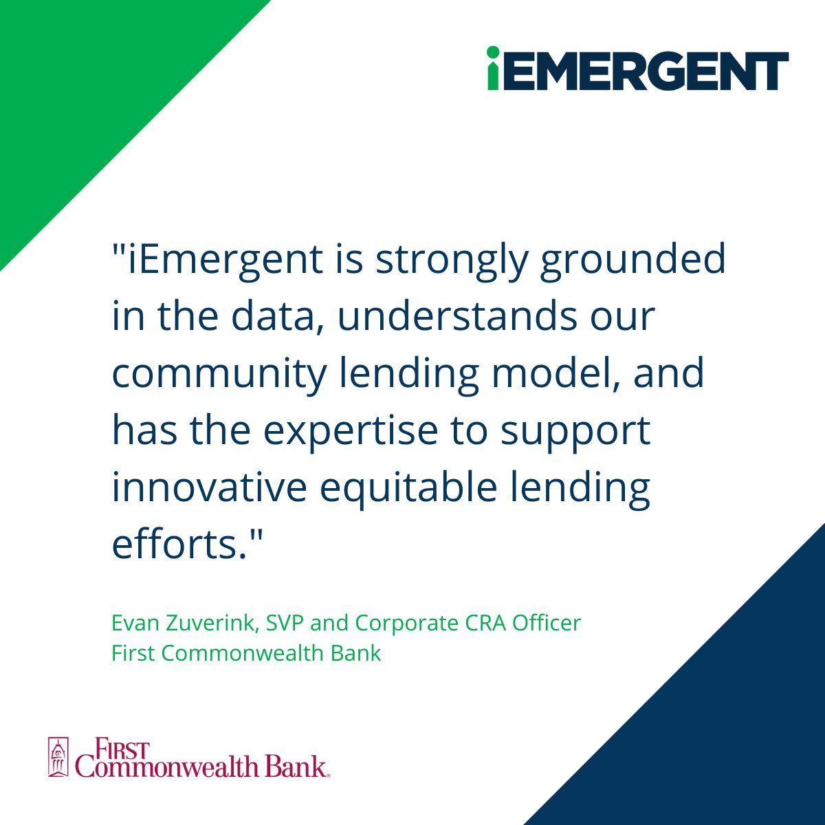 iEmergent's tweet image. We&apos;re passionate about helping lenders help their communities. Learn how First Commonwealth Bank uses iEmergent&apos;s data and tools in its equitable #lending strategies, including an #SPCP.
tinyurl.com/2gewhg7c