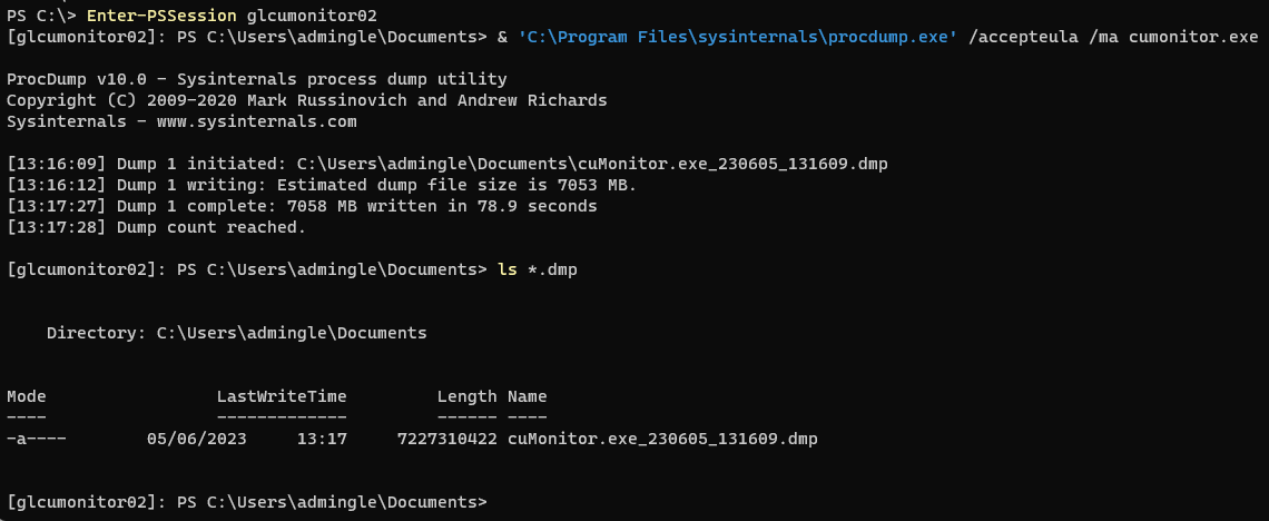 guyrleech's tweet photo. A way to get a process dump of a running process from a remote machine without using mstsc or console via @SysInternals #procdump in a #PowerShell remote session. You probably won't be able to copy it over the network in that remote session though so just use c$ https://t.co/rpLj2VMee7