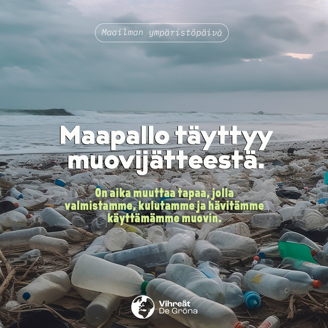 Tänään vietetään kansainvälistä ympäristöpäivää! 🌍Maapallo täyttyy muovijätteestä. Muovia löytyy niin meristä, metsistä, vesistöistä ja jopa mariaanien haudasta.

Tarvitsemme kansainvälisen sopimuksen muovijätteen vähentämisestä. #vihreät #WorldEnvironmentDay