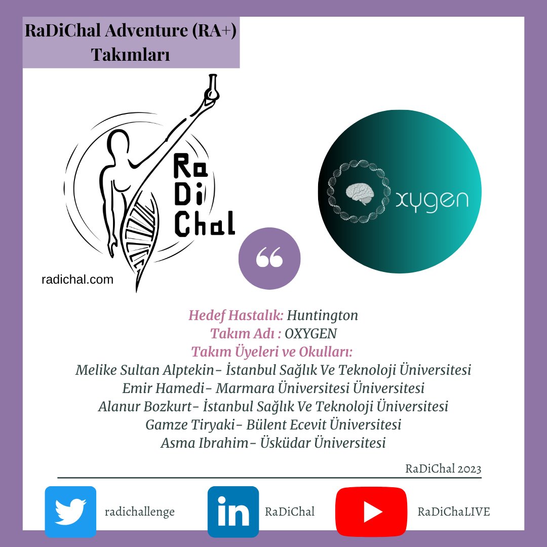 RaDiChallenge's tweet photo. RaDiChal 2023, Nadir Hastalıklar Genetik Tedavi Yarışmamıza katılan takım:

OXYGEN

Üsküdar, Bülent Ecevit, Marmara, İstanbul Sağlık ve Teknoloji Üniversitesi ✨

Hedef Hastalık: Huntington https://t.co/tuKzhEK7HK