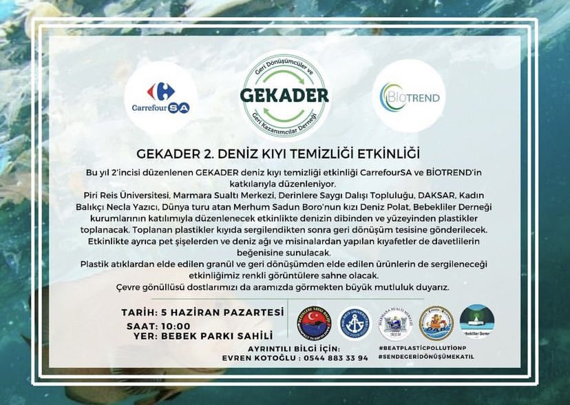 GEKADER tarafından bu yıl ikincisi düzenlenen Deniz Kıyı Temizliği etkinliğinin destekçisi olduk! 
Etkinlikte denizin dibinden ve yüzeyinden plastikler toplanacak ve kıyıda sergilendikten sonra geri dönüşüm tesisine gönderilecek. 
#cevregunu #geridonusum