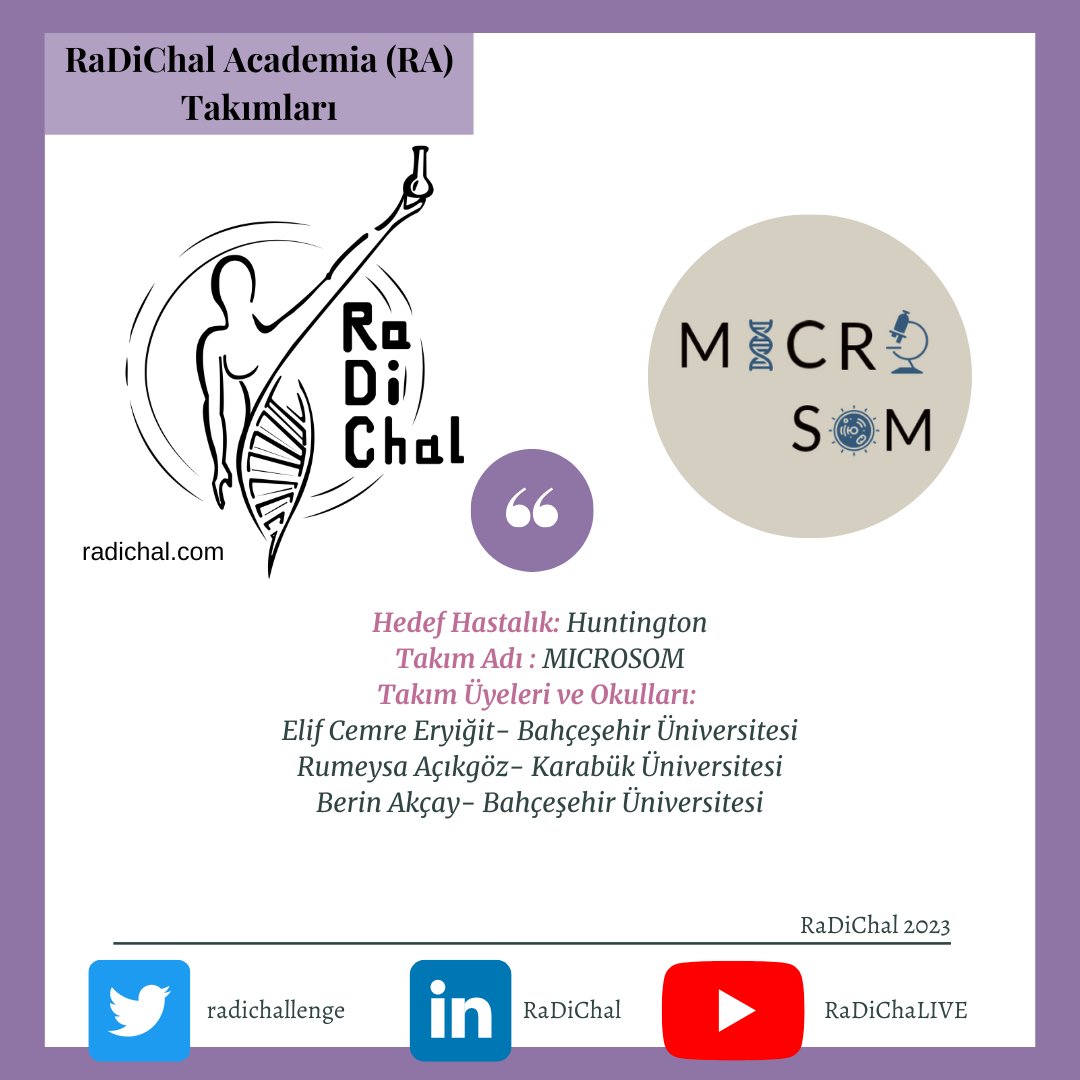 RaDiChallenge's tweet photo. RaDiChal 2023, Nadir Hastalıklar Genetik Tedavi Yarışmamıza katılan takım:

MICROSOM

Bahçeşehir, Karabük Üniversitesi ✨

Hedef Hastalık: Huntington https://t.co/OBCZELT9y9