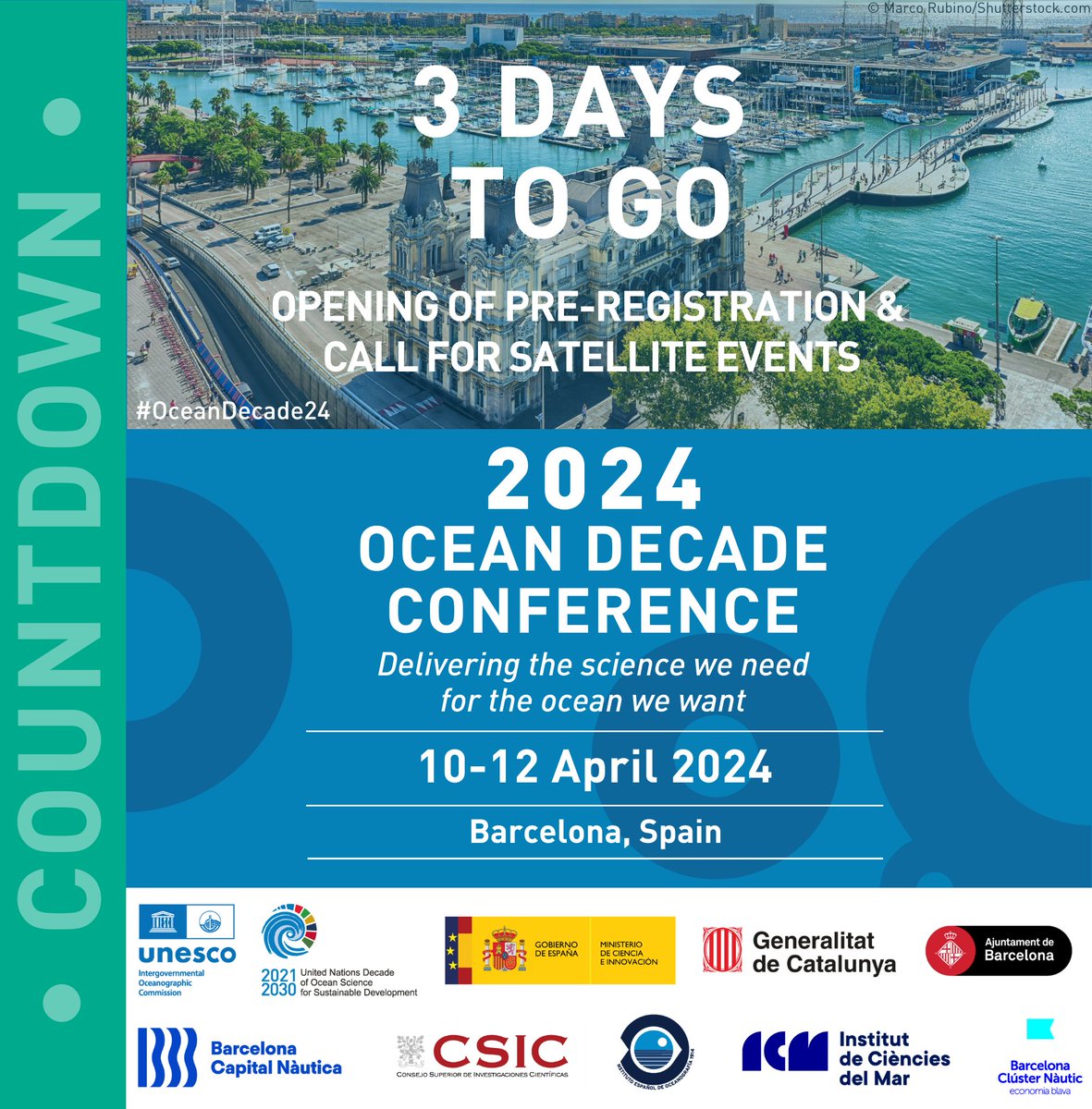 3 days to go! ⏳🌊 The #OceanDecade24 Conference hosted by #Spain in #Barcelona in April 2024 will lay the foundations for ocean-based solutions for sustainable development on the road to the 2025 UN Ocean Conference in #Nice, #France.➡️lnkd.in/dT-sa9Dg  #SDG14 #UNOC25