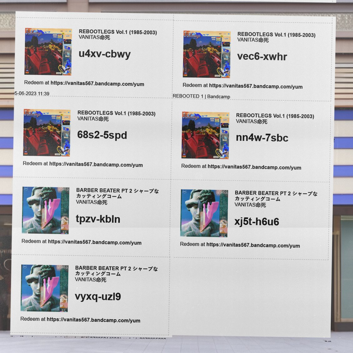 VANITAS_567's tweet photo. Album codes for
REBOOTLEGS VOL. 1 (1985-2003),
BARBER BEATER PT 2 シャープなカッティングコーム
BARBER BEATER 床屋を打ち負かす音楽
Redeem at https://t.co/w5R9Drpc9e
#vaporwave #samplefree #slushwave #barberbeats @FreeAlbumCodes #bandcampyum #yumcode https://t.co/XpUARacByA