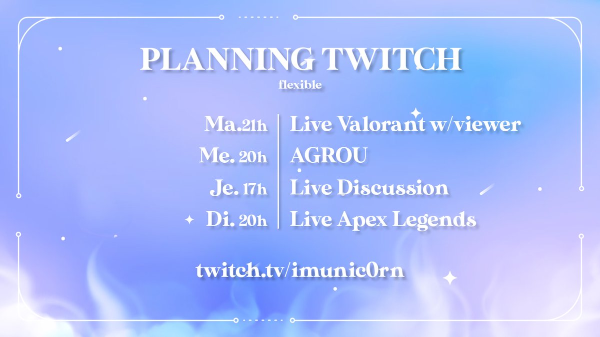 Imunic0rn_'s tweet photo. PLANNING DE LA SEMAINE DU 05 au 11 juin (flexible)
Les streamers chaud pour venir jouer à AGROU ce mercredi, DITES LE MOI JUSTE ENFT
#twitchfr #Twitchsteamer #AGROU #VALORANT #ApexLegends https://t.co/6bbPzVPK86