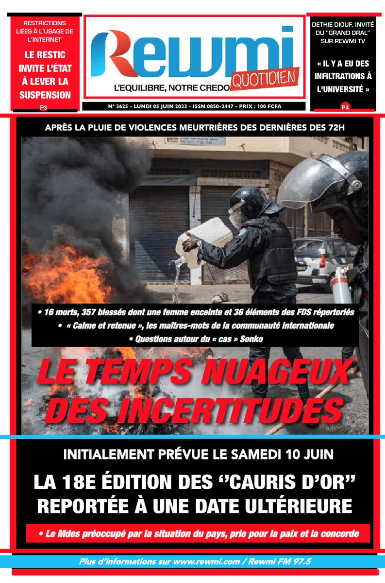 rewmiofficiel's tweet photo. A LA UNE DE REWMI QUOTIDIEN
#societe #politique #senegal #opposition #mackysall #senegal #ousmanesonko #caurisdor
#présidentielle2024 #pastef #patriotes #grandoral #manifestations #restic #dethiediouf #fds #KarimBenzema #liga #realmadrid #Chelsea #edouardmendy #andreonana https://t.co/yvu5l7eBB2