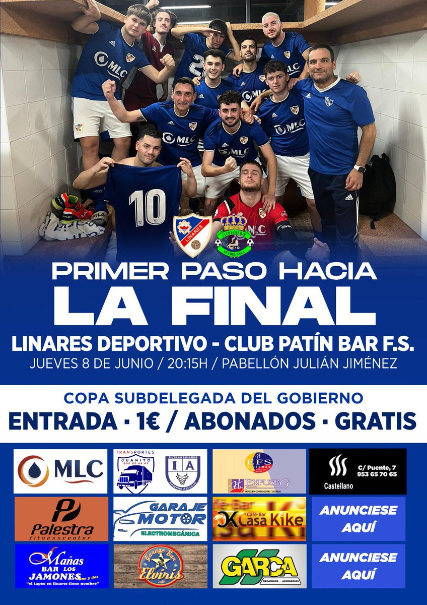 ¡El primer paso hacia la FINAL de la Copa Subdelegada comienza este jueves! 🔜

🙌🏼 ¡Recibimos al <a href="/ClubPatinBarFS/">Club Patín Bar FS</a> en el partido de ida de semifinales!

🔵 Jueves 8 • 20.15h
🏟️ Pabellón Julián Jiménez
🎟️ Abonados • gratis / Entrada • 1€

#ElLinaresEresTÚ 💙