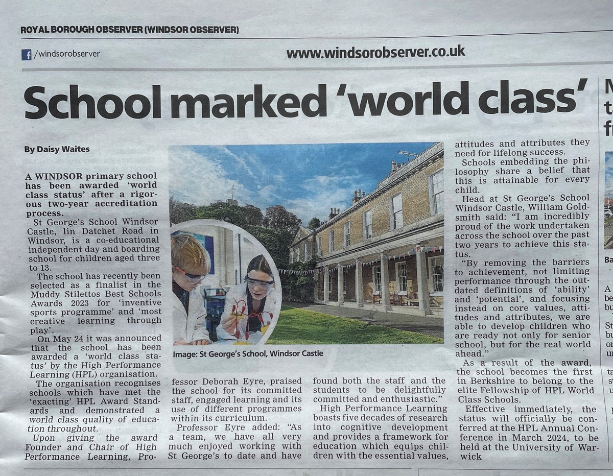 Thank you to The Royal Borough Observer for sharing the news that we are an HPL World Class School! Following a rigorous accreditation process, our drive to equip *all* children for lifelong success has been formally recognised #RealWorldReady #HPL #WorldClassSchool #EveryoneCan