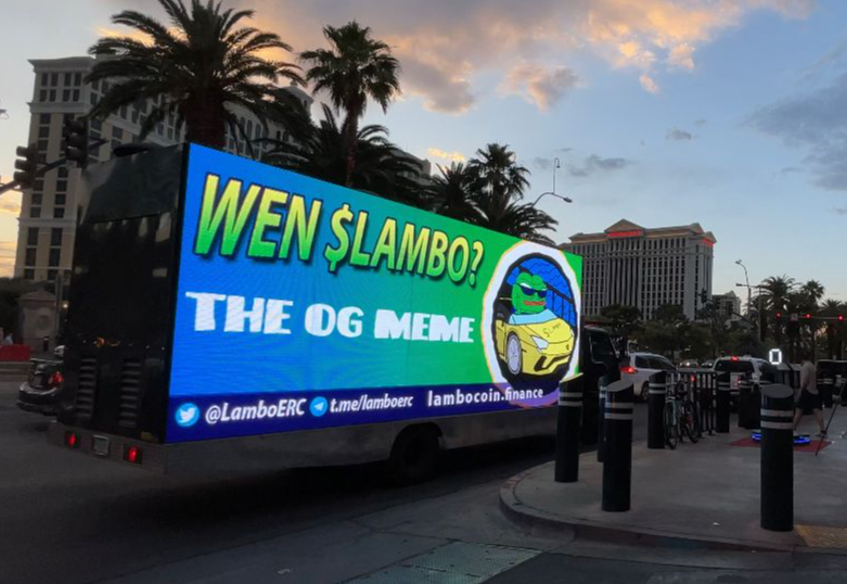 UpswingSeason's tweet photo. 🎰Wen Las Vegas?  Wen Lambo? 🏎️

The OG Meme, $LAMBO, is taking over Las Vegas! Check out our mobile billboard on The Strip! If you see us, snap a photo/clip and tag us. 📸

🏁Contract Renounced 
✅0 Tax
🏁Tagged in @beeple  Art (5/5/23)
✅Billboards at SpaceX, NYC, and Las Vegas
🏁NFTs Coming (buyback/burn)
😎The OG Meme Phrase ("wen lambo?")

There is NO other crypto community like us...
PS. $PEPE drives a Lambo.

Twitter: @LamboERC 
TG: https://t.co/Krk0o3WG2z

@Crypto__Diva @_snuppy08 @Ralvero @3orovik @crypto_bitlord7 @Bitboy_Crypto @Poe_Ether @WSOP @PokerGO @depaulo_ryan @RealKidPoker @phil_hellmuth @DanSmithHolla @NickSchulman @MariaHo @getnickwright @DestroyerMintzy  @PepeM2k @JakeGagain @cryptojourneyrs @rovercrc @1goonrich @1MillSaviour #pepe #mong $mong