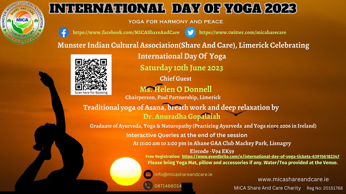🌟 Join us in celebrating International Yoga Day 2023! 🧘‍♀️🌍
On June 10th, the MICA is hosting a FREE yoga session. 🙏✨ It's a perfect opportunity to connect with your mind, body, and spirit.
Let's spread the word together! <a href="/DrAnuAyurveda/">Anuradha Gopalaiah</a>  <a href="/ilovelimerick/">#LimerickandProud</a> eventbrite.com/e/internationa…