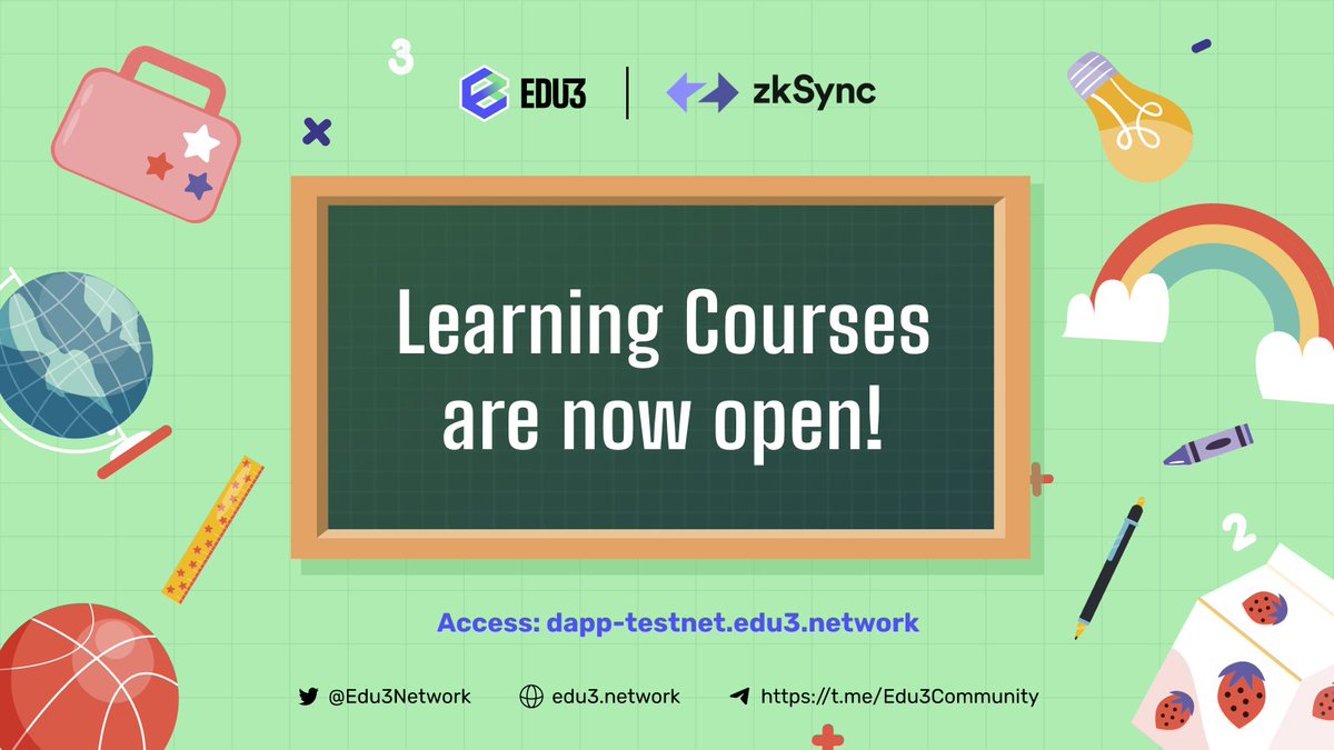 Edu3Network's tweet photo. 🎉 #Edu3 Learning Courses are now open 📚

🌟 Everyone can begin an incredible learning experience through our diverse and accessible courses

🌐 Experience it yourself at https://t.co/HPxi8TdmO7

Spread it by:
1���⃣ Follow @Edu3Network
2️⃣ Like &amp; RT, tag 3 friends

#zkSync #Edu3 https://t.co/4ECReByQnE