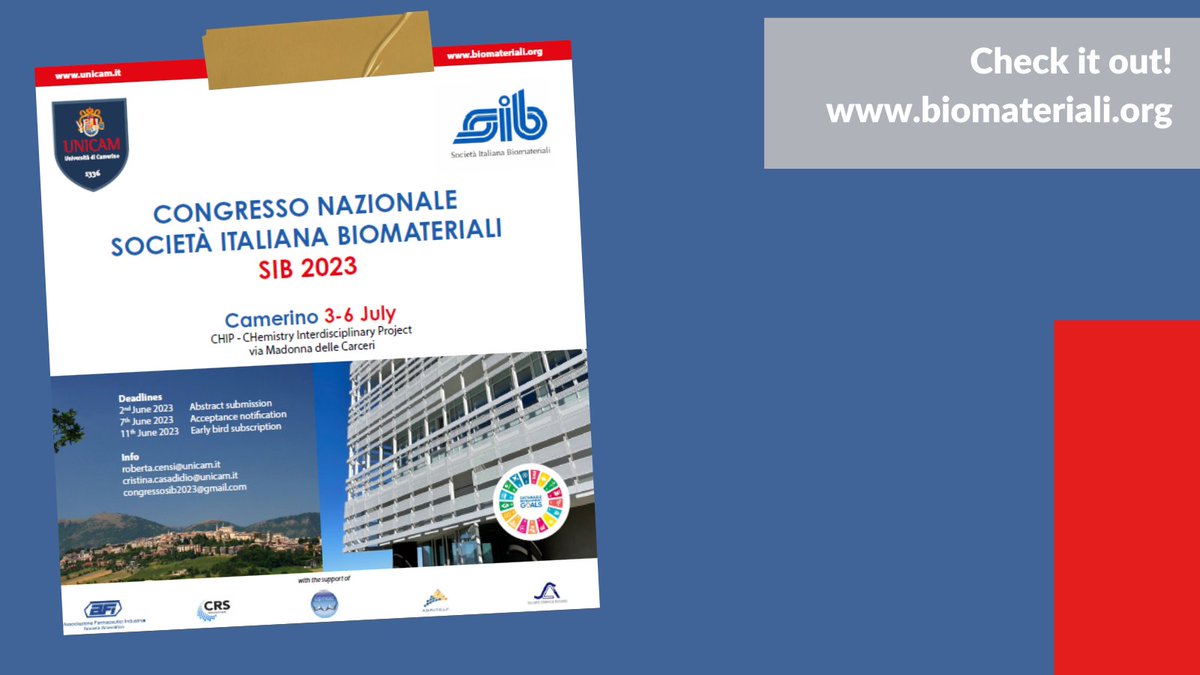 📢 Save the Date!
The Societa’ Italiana Biomateriali Congress will take place on 3-6 July, in Camerino (Italy). 
The aim is to enhance the development of innovative platforms based on #biomaterials derived from innovative and #sustainable resources. 
👉 bit.ly/3NatI4i