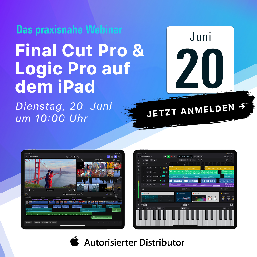 Sie sind eingeladen zu unserem nächsten Apple Kreativ Event am Dienstag, den 20. Juni um 10 Uhr. In diesem praxisnahen #Webinar wird sich alles um das Thema #FinalCutPro &amp; #LogicPro auf dem iPad drehen. 📆 Alle Infos &amp; kostenlose Anmeldung unter » bit.ly/3OPkknP